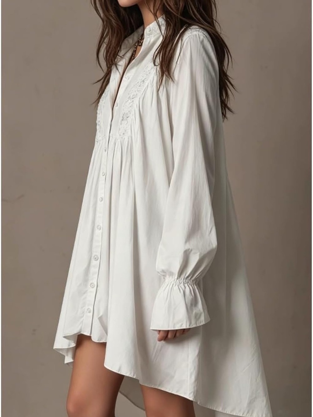 White High-Low Button Front Dress with Lace Yoke - Picture 3 of 8